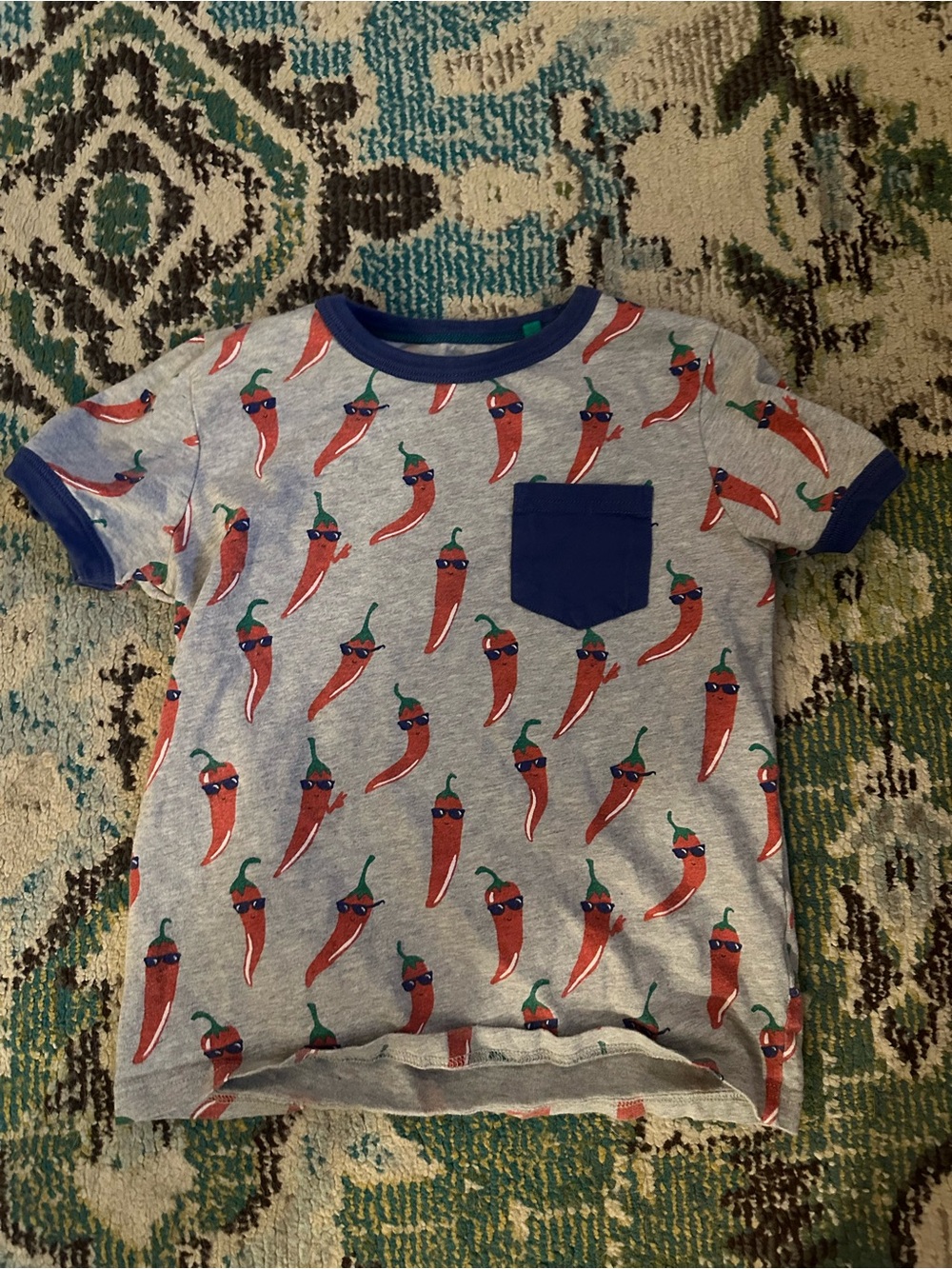 Mini Boden Grey Tee with Red Chili Pepper Print and Blue Pocket